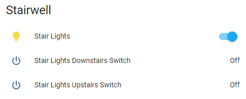 Snip of Home Assistant dashboard card for Stairwell/Stair Lights with status data