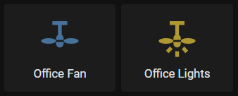 Home Assistant dashboard (dark mode) illustration for independent control of office fan and office lights, with office fan in "off" state and office lights in "on" state.